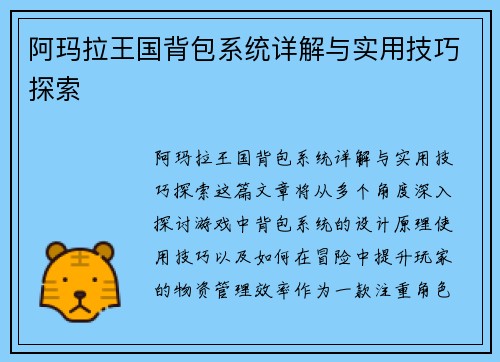 阿玛拉王国背包系统详解与实用技巧探索